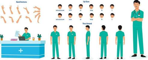een mannetje verpleegster model- vel. mannetje verpleegster keer om vel, hand- gebaren, lip synchroniseren vector