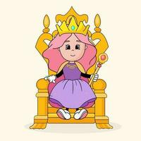 tekenfilm prinses met kroon Aan de troon, schattig meisje met roze haar- Aan Koninklijk fauteuil, groovy karakter. vector illustratie