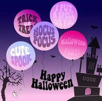 een funky halloween partij met een retro twist. vector illustratie van zwart huis en roze ballonnen met groovy belettering