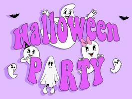 halloween partij groovy belettering. schattig halloween banier met tekenfilm geesten karakters. vector illustratie