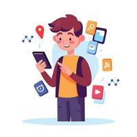 kind gebruik makend van smartphone met toepassing drijvend icoon , sociaal netwerk, chatten, bericht, internetten, vlak stijl illustratie. vector