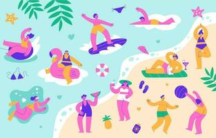 mensen kom tot rust Aan de strand in zomer. vrolijk Dames en mannen zwemmen, zonnebaden en hebben pret Aan vakantie. vector vlak illustratie