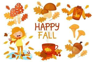 het is herfst, een reeks van herfst-thema illustraties in een tekenfilm stijl geïsoleerd Aan een wit achtergrond. herfst verzameling van illustraties. klaar gemaakt seizoensgebonden kaarten in een palet. vector