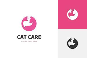 silhouet schattig kat zorg logo icoon ontwerp met hand- zorg grafisch element combinatie voor dier ziekenhuis logo sjabloon vector