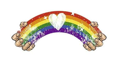 ontwerp voor t-shirt met handen toegetreden door een regenboog en een hart in de midden. vector illustratie voor homo trots dag.