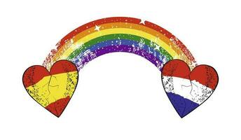 t-shirt ontwerp van een regenboog verenigen twee harten met de kleuren van Spanje en Frankrijk. vector illustratie voor homo trots dag.