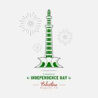 gelukkig Pakistan onafhankelijkheid dag groeten met Pakistan toren en vuurwerk vector