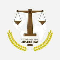 Internationale dag van gerechtigheid groeten met balans in voorkant van een wereldbol vector