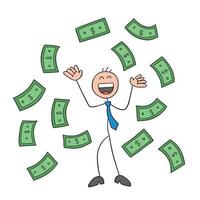 stickman zakenman karakter gelukkig en papiergeld zwevend in de lucht vector cartoon afbeelding