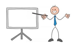 stickman zakenman karakter gelukkig en voor het whiteboard en wijzend met een stok vector cartoon afbeelding