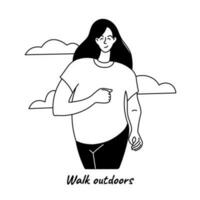 vrouw wandelen of rennen buitenshuis. lichaam positief en gezond levensstijl concept zwart en wit lijn vector illustratie Aan wit achtergrond.