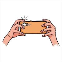 foto's op de telefoon telefoon in de hand selfie cartoon-stijl vector