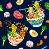 naadloos patroon van Japans ramen en ingrediënt vector illustratie