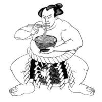 hand- getrokken illustratie van sumo aan het eten ramen geïsoleerd zwart en wit vector illustratie