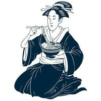 geïsoleerd zwart en wit van mooi geisha aan het eten ramen in traditioneel kimono vector