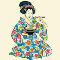 illustratie van Japans geisha in kimono aan het eten ramen vector