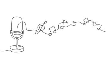 een lijn tekening muziek- aantekeningen en microfoon, minimalistische vector