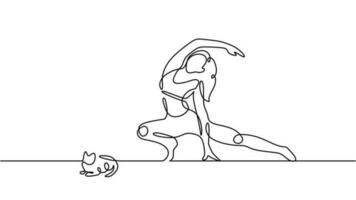 yoga meisje met kat, doorlopend een lijn kunst tekening. vector minimalistische