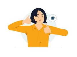 Leuk vinden hand- teken, openbaar goedkeuring, OK, feedback, mee eens zijn, steun, vreugde, vrouw goedkeuren en tonen duimen omhoog met beide handen glimlachen en gelukkig voor succes concept illustratie vector
