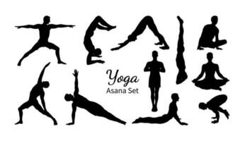 yoga asana set. reeks van mannetje silhouetten oefenen yoga. hand- getrokken schetsen vector illustratie