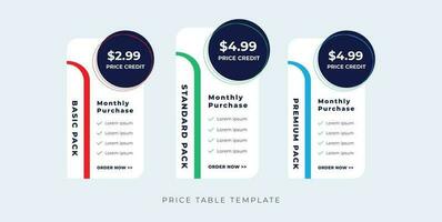 modern prijzen tafel sjabloon website abonnement plan vector