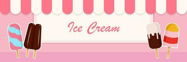 illustratie vector van ijs room ijshoorntje versierd Aan roze cafe met wit kader bord achtergrond Aan 3d stijl. ijs room winkel. zomer plezier.