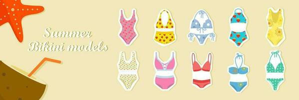 zwemmen pakken types vlak vector illustratie, bikini set, gedrukt bikini set, badmode voor Dames, Dames mode, zomer prints zwempak set, zomer mode, Dames mode set, retro het baden pak.