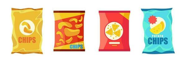 reeks van kleurrijk aardappel chips in tekenfilm stijl. vector illustratie van snacks met verschillend sauzen en smaken Aan wit achtergrond.