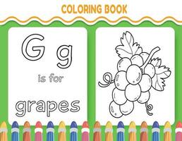 kinderen alfabet kleur boek bladzijde met geschetst clip art naar kleur. de brief g is voor druiven. vector
