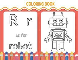 kinderen alfabet kleur boek bladzijde met geschetst clip art naar kleur. de brief r is voor robot. vector