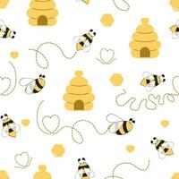 naadloos patroon met bij honing hart gemaakt in geel kleuren schattig achtergrond in kinderen tekenfilm stijl vector illustratie. kleding stof textiel ontwerp voor baby of meisje kleding behang inpakken Hoes inpakken pakket