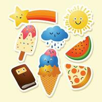 reeks van stickers met ijs room, zon, wolken, watermeloen en andere zomer elementen vector