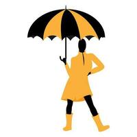 een elegant meisje met een gestreept paraplu in een geel regenjas en geel laarzen in een avant-garde stijl. herfst humeur naar illustreren vertrouwen en bepaling vector