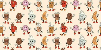 naadloos patroon met groovy koffie tekens in oud tekenfilm klassiek vlak stijl Aan beige. mok, koffie naar Gaan, donut, cappuccino, croissant, Boon. voor afdrukken, textiel, achtergrond vector