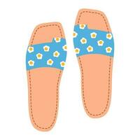 geïsoleerd vrouw zomer blauw schoenen met bloemen. elegant modern ontwerp omdraaien flopt. vlak hand- getrokken kleurrijk vector illustratie Aan wit achtergrond.