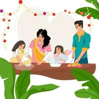 gelukkig 2024. versierd banaan boom voor nieuw jaar. glimlachen familie Koken nieuw jaar borden. Indië viering traditie. groet kaart. vector