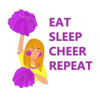 poster voor wedstrijd. cheerleader meisje in paars en geel uniform. belettering ontwerp. eten, slaap, juichen, herhalen. vector