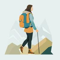 jong vrouw wandelen in bergen met apparatuur. vector illustratie.