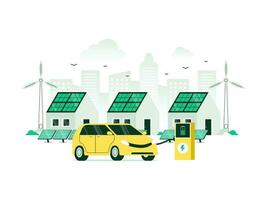gebruik maken van schoon groen energie van hernieuwbaar bronnen. modern eco huis met windmolens, zonne- panelen, en elektrisch auto opladen station. vector illustratie met minimalistische kleur.