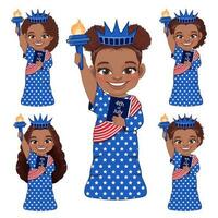 reeks van Amerikaans Afrikaanse meisjes portret vieren 4e van juli onafhankelijkheid dag met kostuum, standbeeld van vrijheid, vlak icoon stijl vector