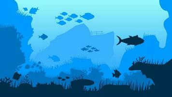 onderwater- landschap vector illustratie. diep zee landschap met vis, koraal rif en schipbreuk. zee wereld silhouet landschap voor achtergrond, behang, Scherm of landen bladzijde. vector achtergrond