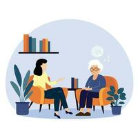 psychotherapie sessie.senior vrouw pratend naar psycholoog zittend Aan bank. vlak stijl vector illustratie.
