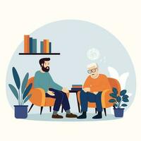 psychotherapie sessie.senior Mens pratend naar psycholoog zittend Aan bank. vlak stijl vector illustratie.