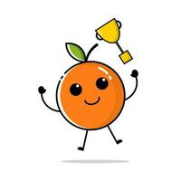 karakter van oranje fruit met vlak ontwerp stijl, welke is het werpen een gouden trofee vector