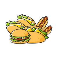 illustratie van snel voedsel hamburgers, taco's, hotdogs vector