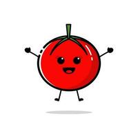 tomaat karakter wie is verhogen beide handen met een schattig uitdrukking vector