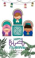 gelukkig eid mubarak poster met kleurrijk lantaarn, moslim kinderen en planten vector