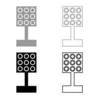 stadion spotlight schijnwerper toren helder licht reeks icoon grijs zwart kleur vector illustratie beeld solide vullen schets contour lijn dun vlak stijl