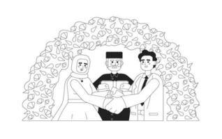 imam dienstdoend moslim bruid bruidegom bruiloft monochromatisch vlak vector karakters. Nikah ceremonie. bewerkbare dun lijn voor de helft lichaam mensen Aan wit. gemakkelijk bw tekenfilm plek beeld voor web grafisch ontwerp