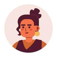 brunette vrouw semi vlak vector karakter hoofd. dame met gouden oorbellen en bun kapsel. bewerkbare tekenfilm avatar icoon. gezicht emotie. kleurrijk plek illustratie voor web grafisch ontwerp, animatie